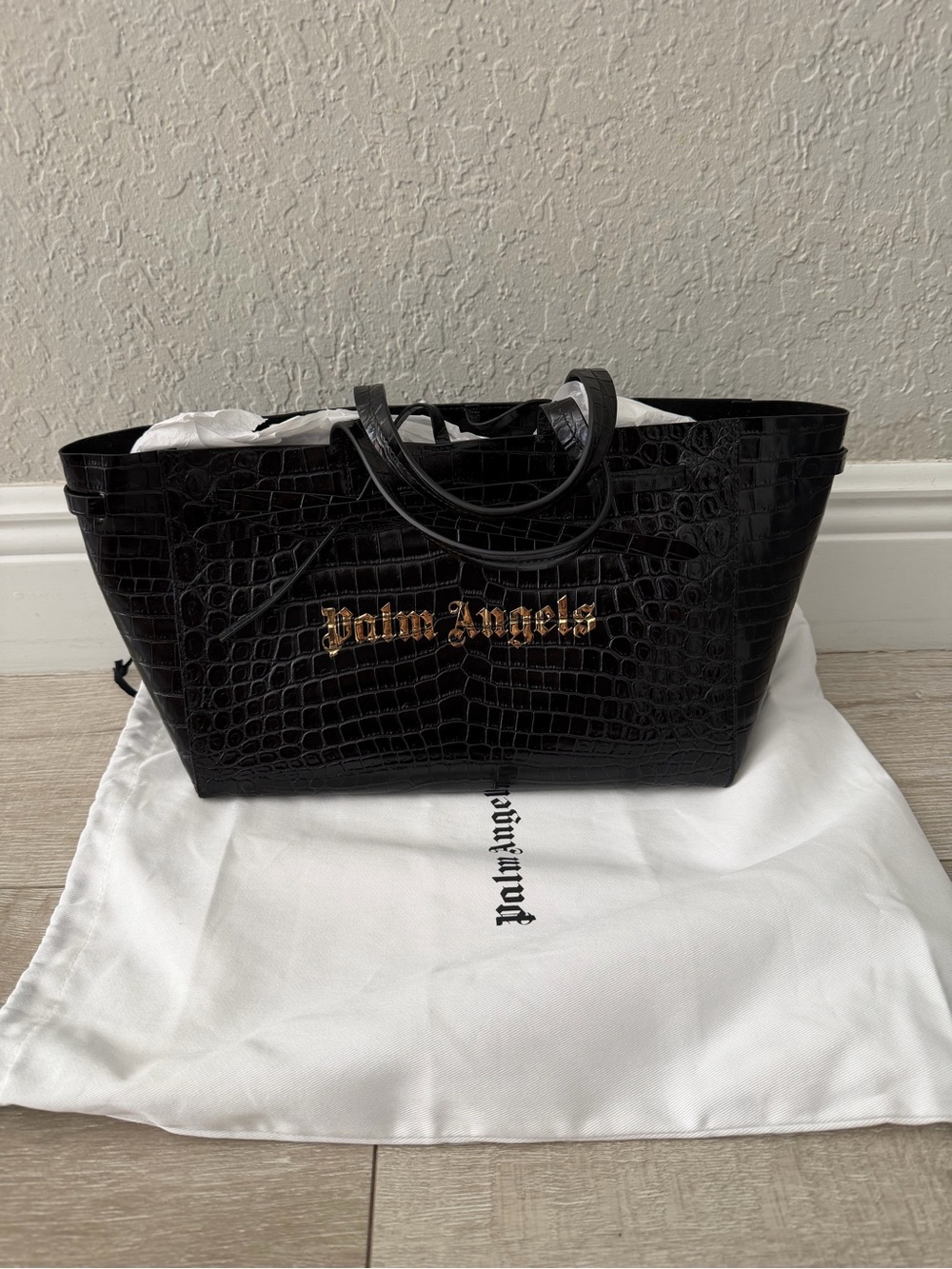 Palm Angels Black Croc Tote with Gold Logo Plaque small tote shoulder bag